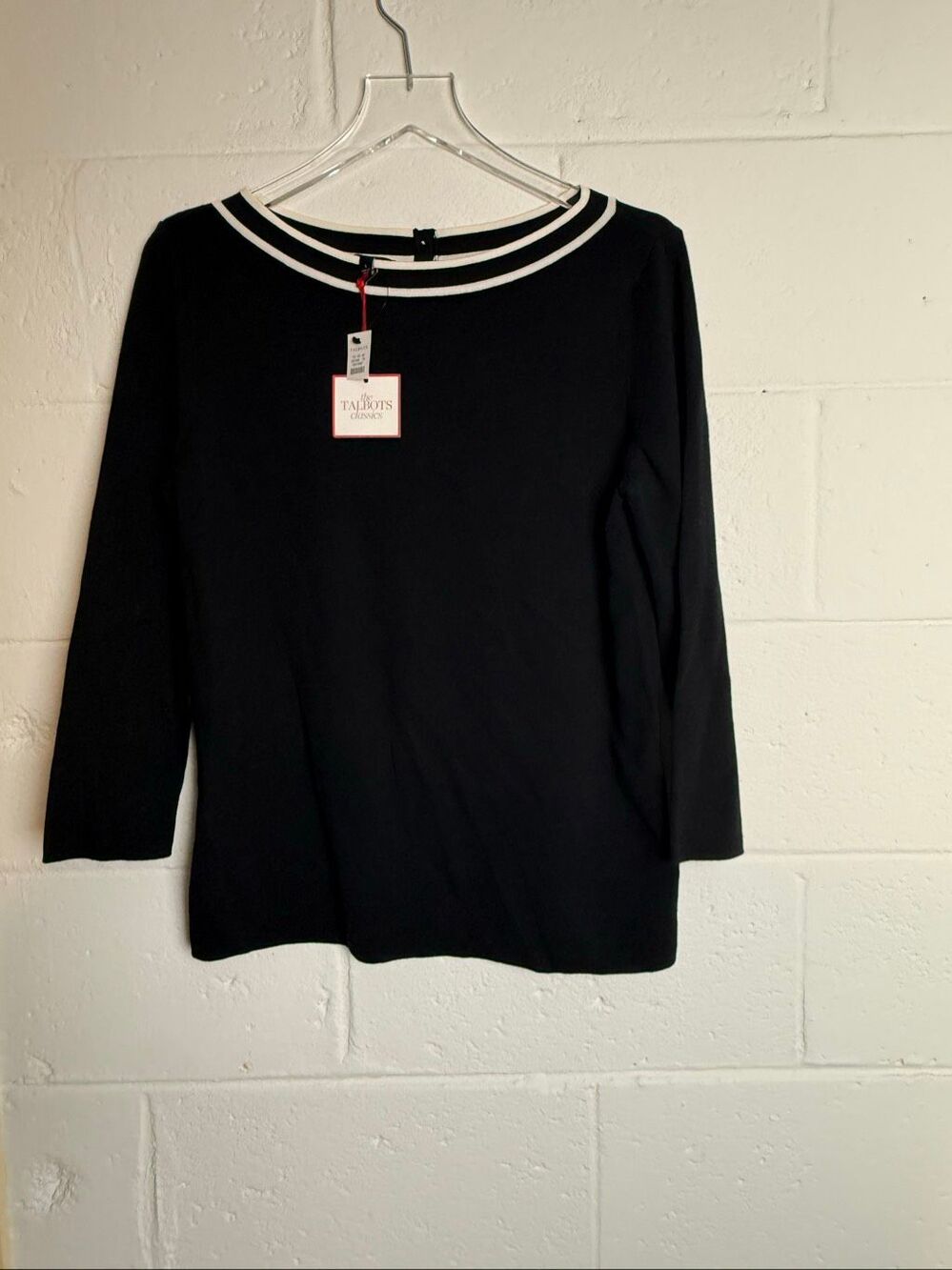 Talbots Women’s Large Black White Trim 3/4 Sleeve Cotton Sweater Rayon Top NWT